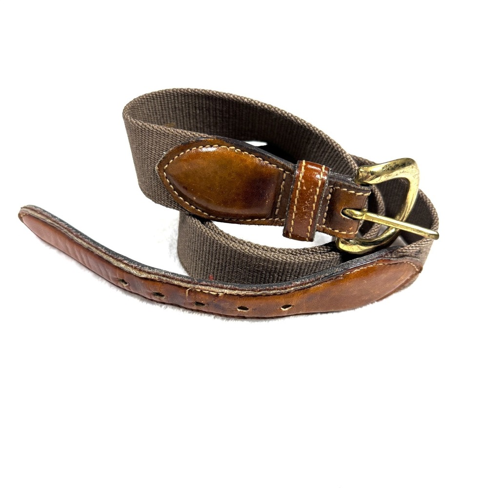 Vintage Trafalgar Grosgrain Brass Buckle Belt Size 30 Brown Canvas Leather Trim